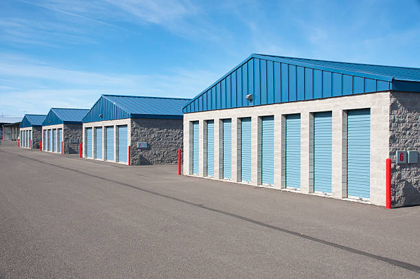 Row of self storage units with blue doors